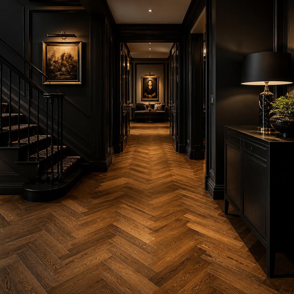 Herringbone hardwood floor in a luxury dark hallway