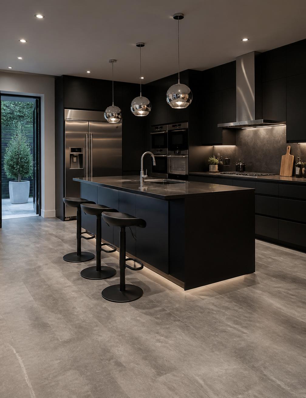 Stone-effect LVT flooring in a modern black kitchen