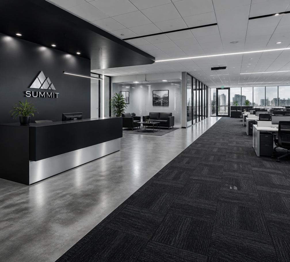 Commercial carpet tiles and polished vinyl in an office
