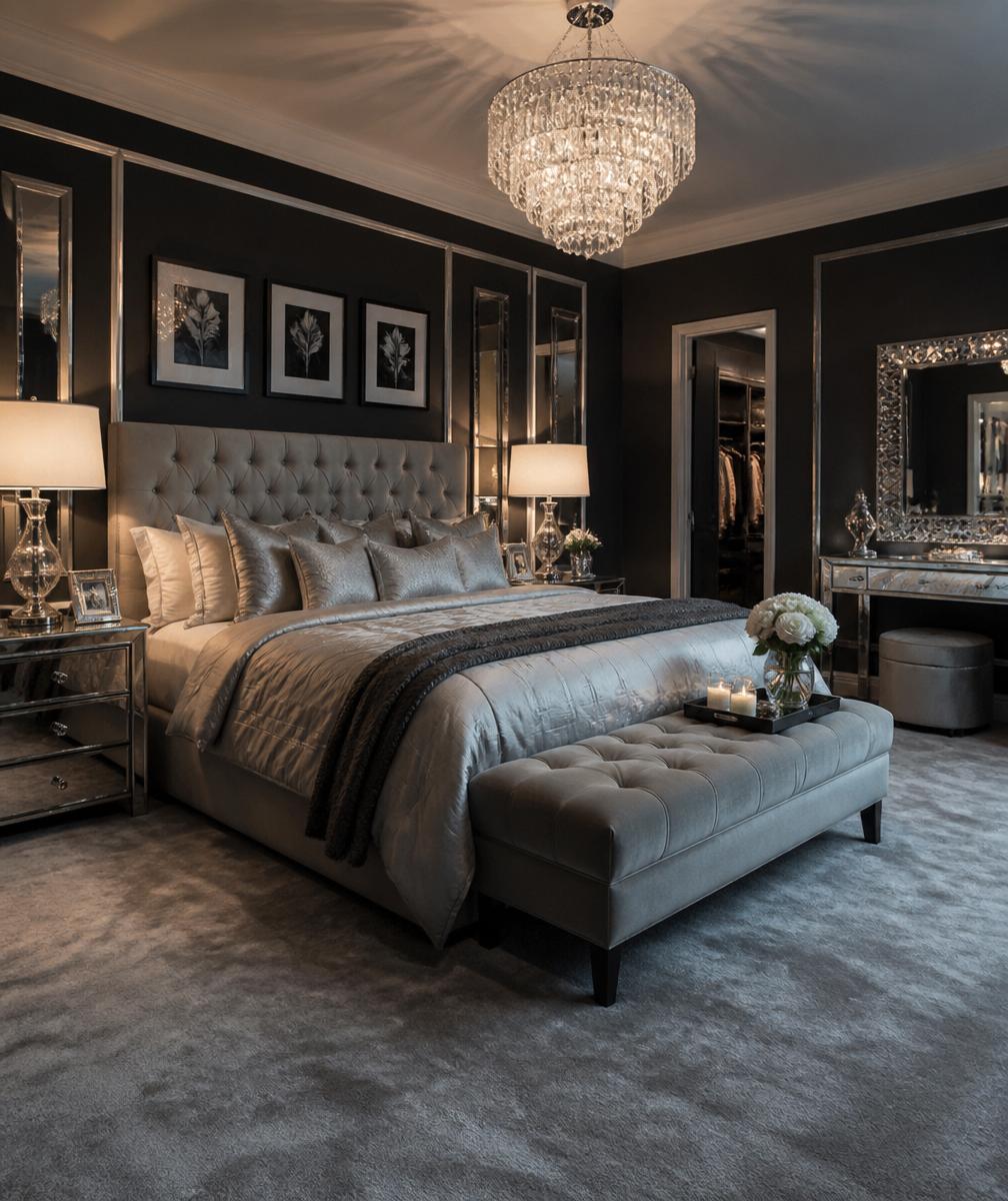 Plush grey carpet in a luxury bedroom