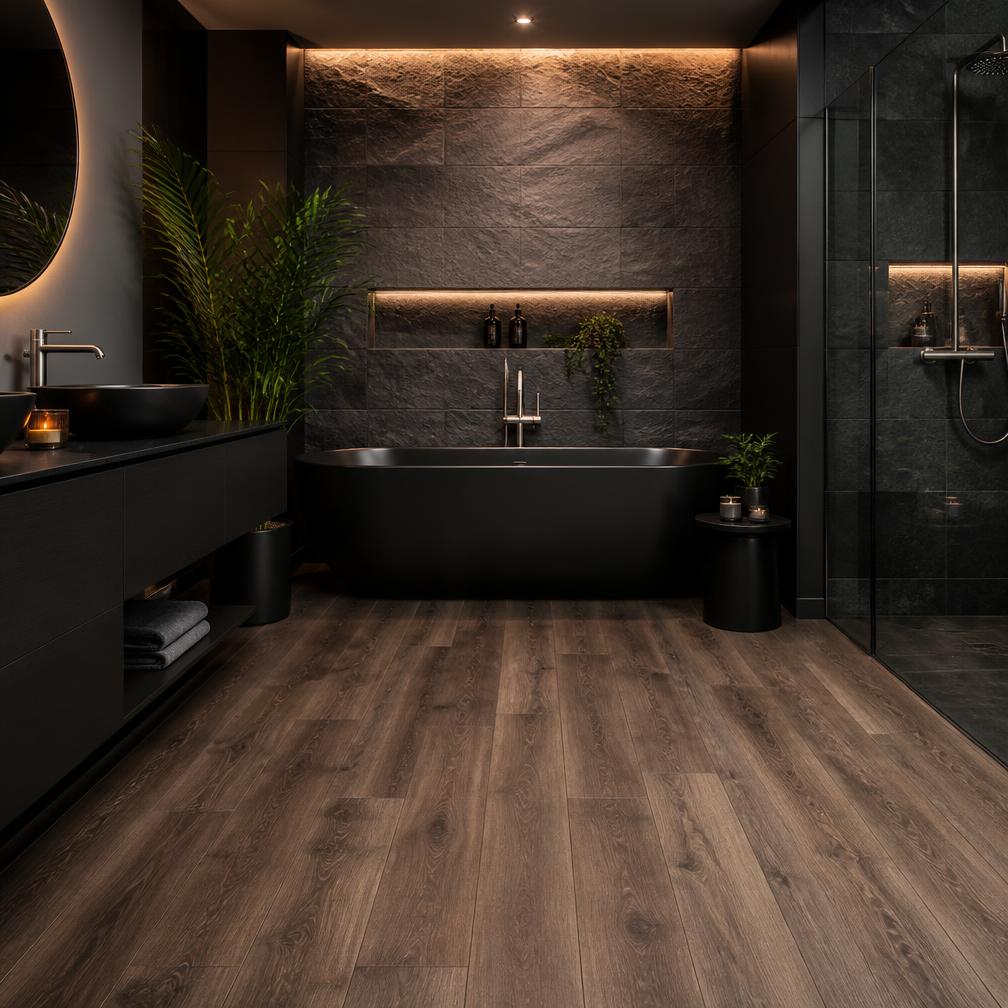 Waterproof wood-effect vinyl flooring in a dark bathroom