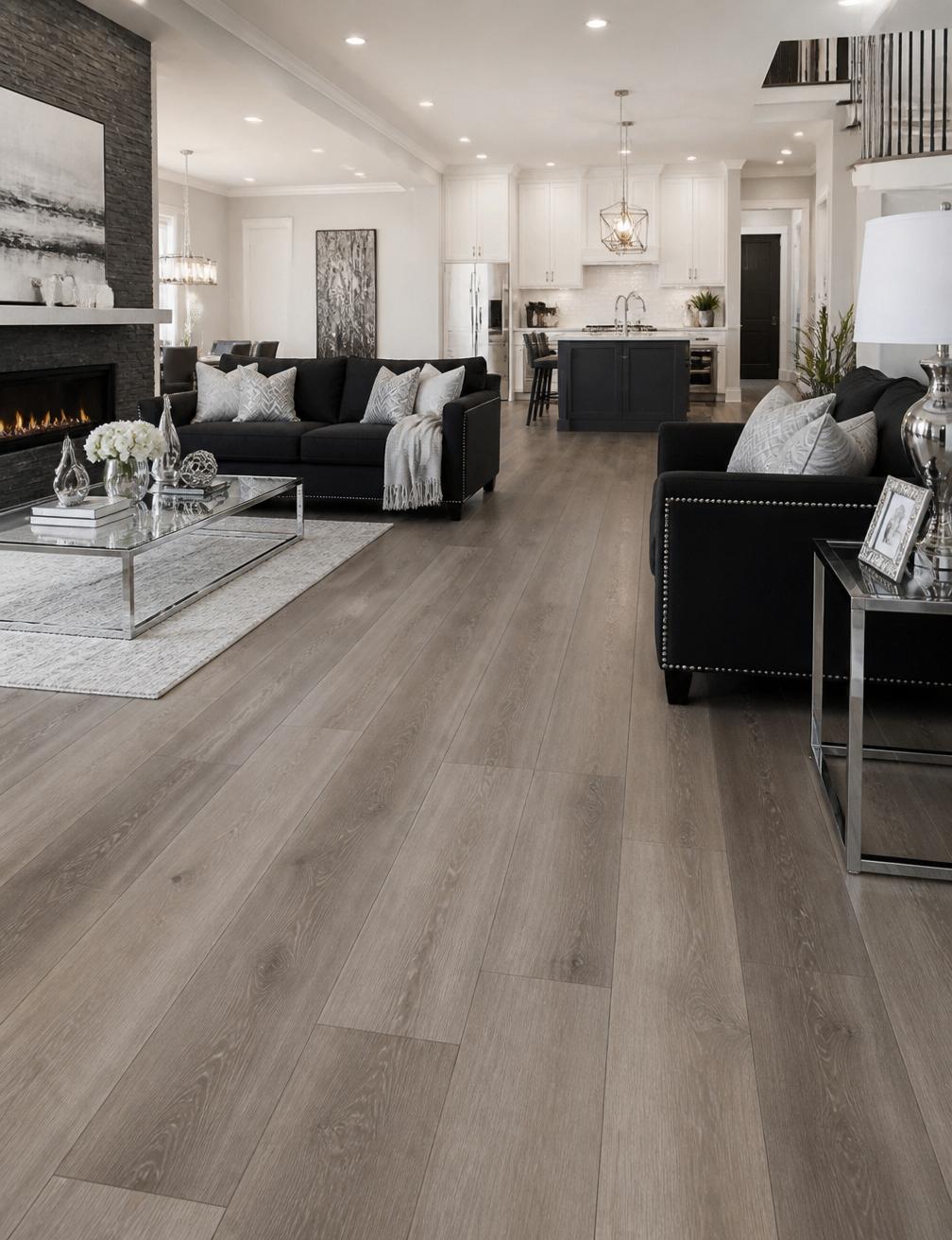 Wide-plank laminate flooring in an open-plan living room